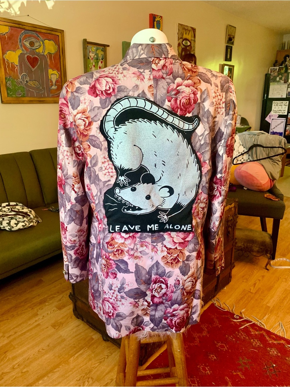 Floral Pink Blazer with 'Leave Me Alone' Opossum Patch - Picture 6 of 10